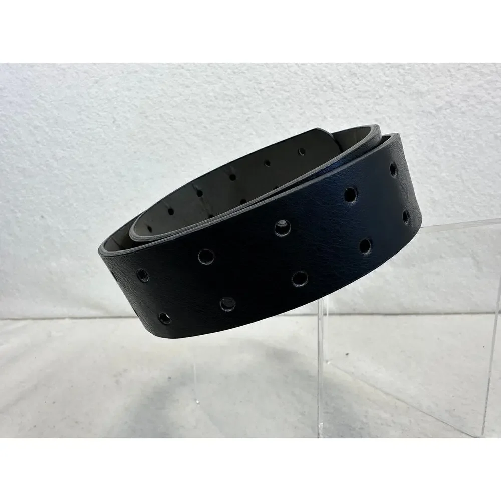 Black Synthetic Leather Belt With Silver Buckle S/M Two Holes Throughout Grunge